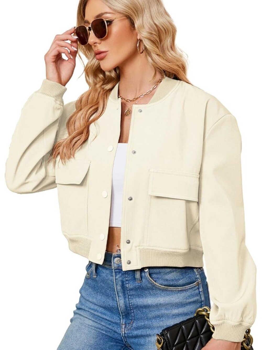 Women's Beige Stylish Short Trendy Casual Lightweight Side Pocket Bomber Jackets